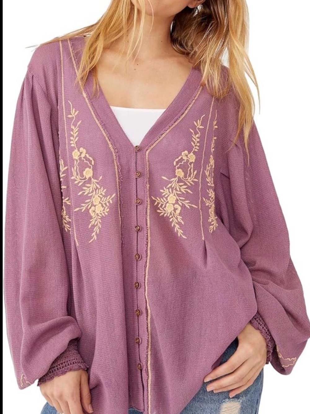 Free People Mauve Tunic with Gold Floral Embroidery